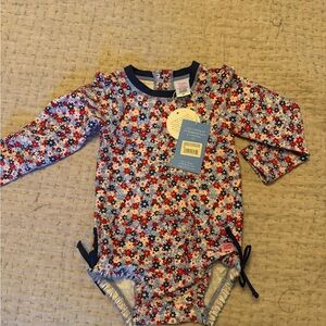 Ruffle Butts Floral Baby Swimsuit Onesie - Red and Blue